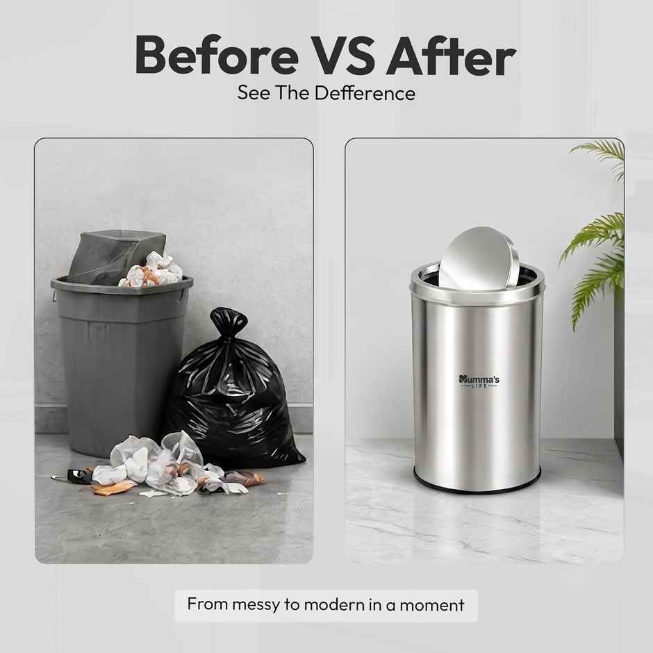 Mumma's Life Stainless Steel Swing Dustbin with Lid | 18 L | For Home, Kitchen, Washroom, Bathroom & Office | 10 x 14 Inch