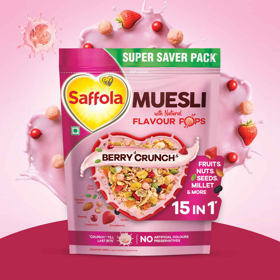 Saffola Muesli Fruit & Nut Berry Crunch with Flavour Pops | 15 In 1 Fruit And Nuts, Seeds | Millet & More