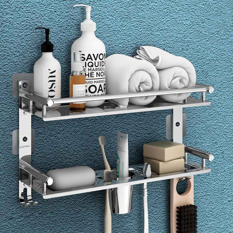 Plantex No Drill Bathroom Shelf Organizer with Soap and Brush Holder - 2-Tier, Chrome Finish