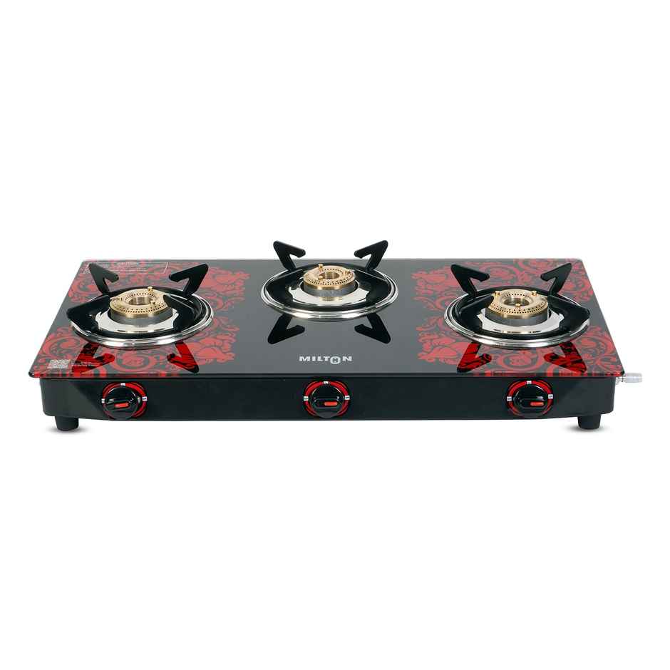 Milton Premium Red Manual Ignition Glass Top Gas Stove | ISI Certified | 3 Burner