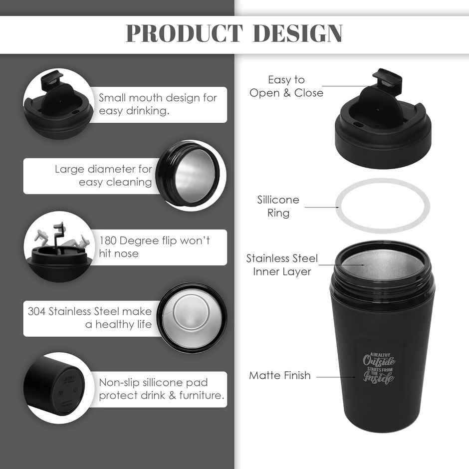 Jaypee ZIPSIP PU Insulated Stainless Steel Coffee Tumbler | Hot & Cold | Black | 385 ml