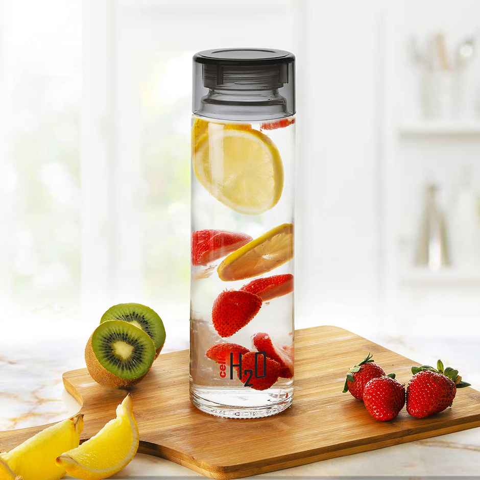Cello Glass H2O Fridge Water Bottle with Plastic Cap | Black - 920 ml