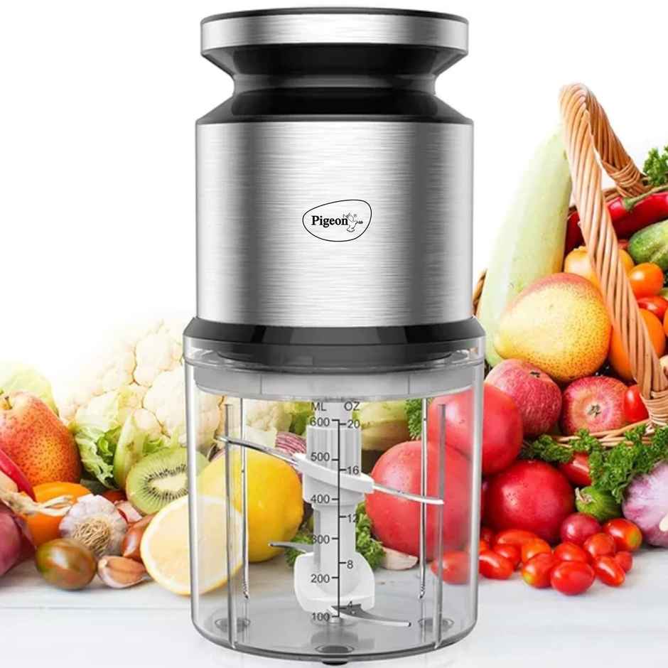 Pigeon Ultra Fast Electric 300 Watts Electric Chopper For Kitchen, Twin Blade Technology, 600 Ml, Plastic Bowl With Lid, Vegetable Chopper, Cutter, Chop, Mince, Dice, Blend - Silver