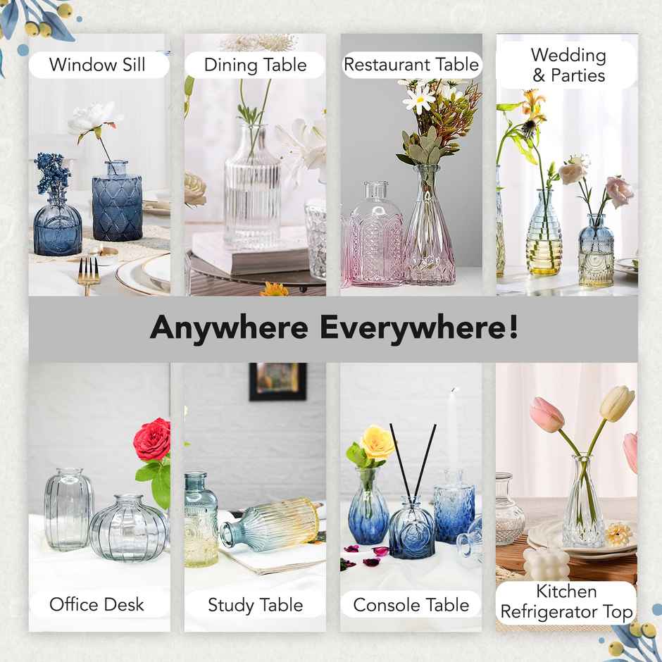 Ekhasa Crystal Clear Glass Bud Vases For Home Decor | Set Of 5 | Center Table Mini Decorative Items