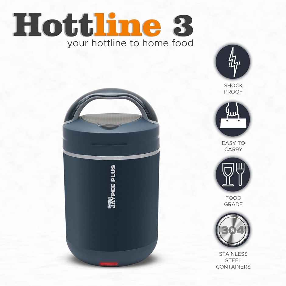 Jaypee Plus Hott Line Electric Lunch Box, 3 Stainless Steel Container, Dark Blue