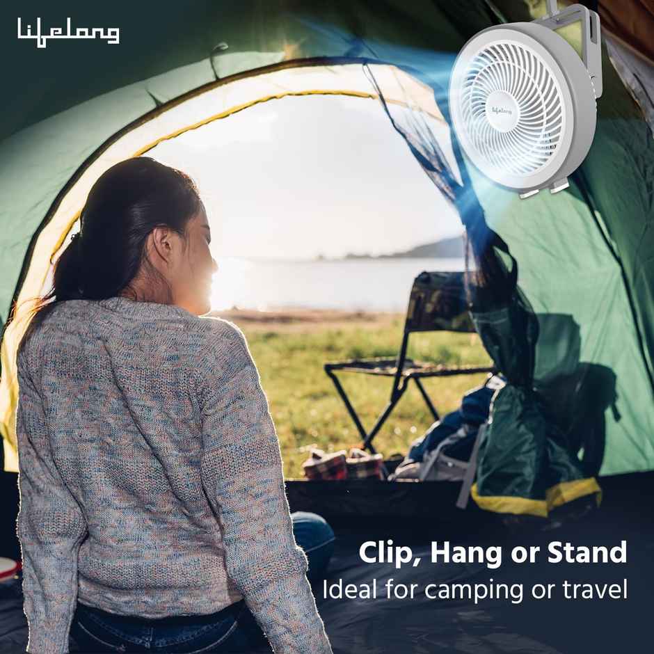 Lifelong USB Portable Fan, 150mm, 5-Hr Battery Backup, 3 Speed Settings, LED Lights, Grey & White