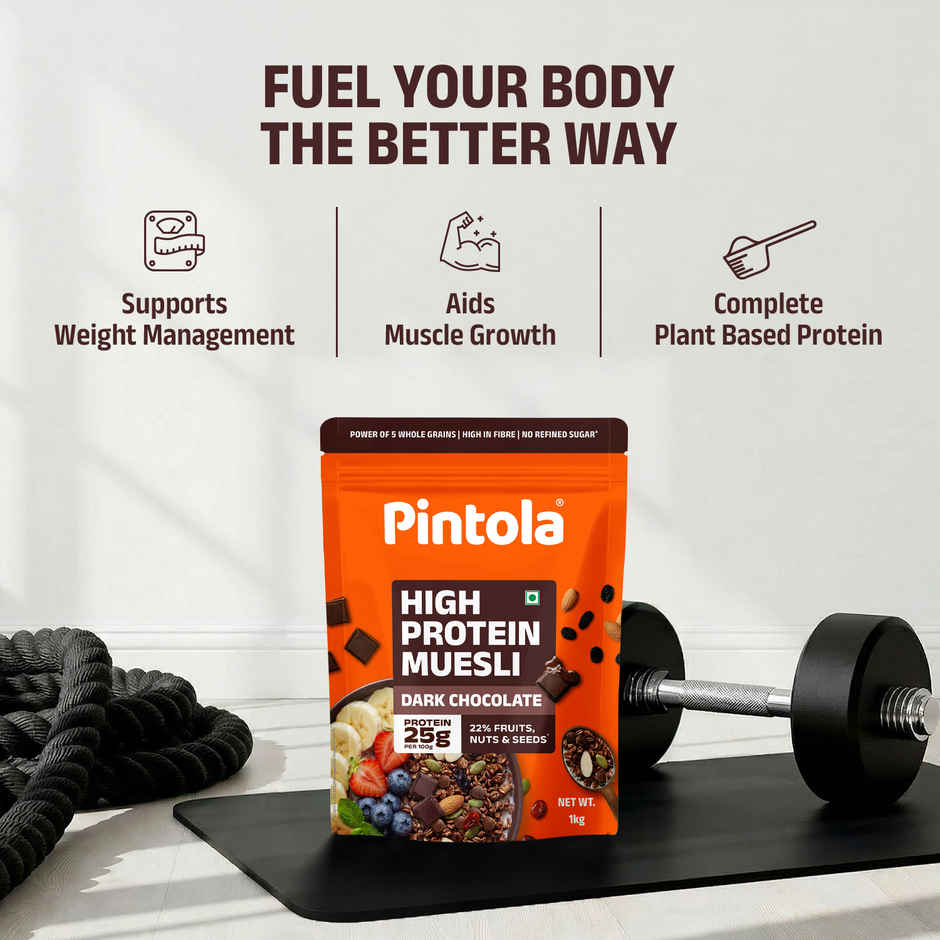 Pintola High Protein Muesli Dark Chocolate & Cranberry, 25 g Protein, High Fibre, Trans Fat Free