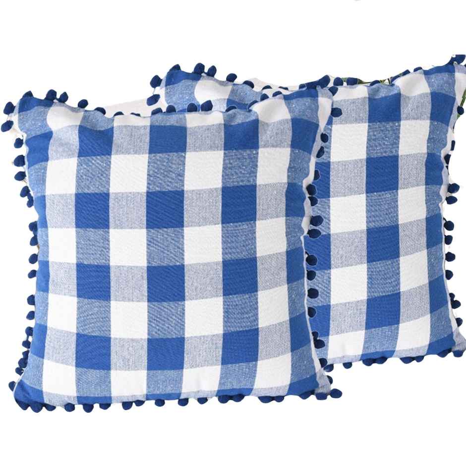 Lushomes Cotton Cushion Covers - Blue and White Checks | 20 x 20 inch | Pom Pom