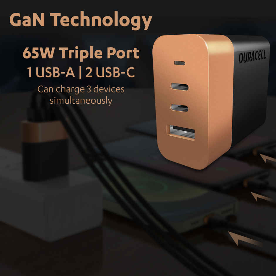 Duracell 65W Fast Wall Charger Adapter, 3 Port, 1 USB A, 2USB C,Fast Charging