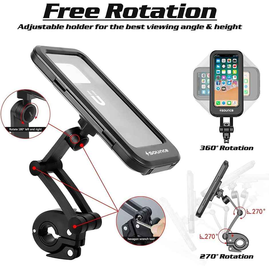 Sounce Bike Phone Mount Waterproof Smartphone Holder For 4 - 7 inches Smartphones| 360 Rotation - Black