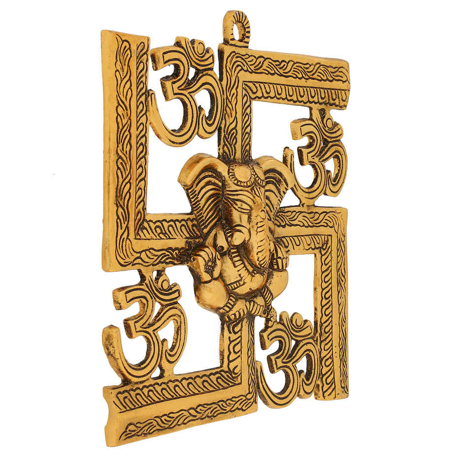 eCraftIndia Golden Lord Ganesha on Om Swastik Metal Wall Hanging