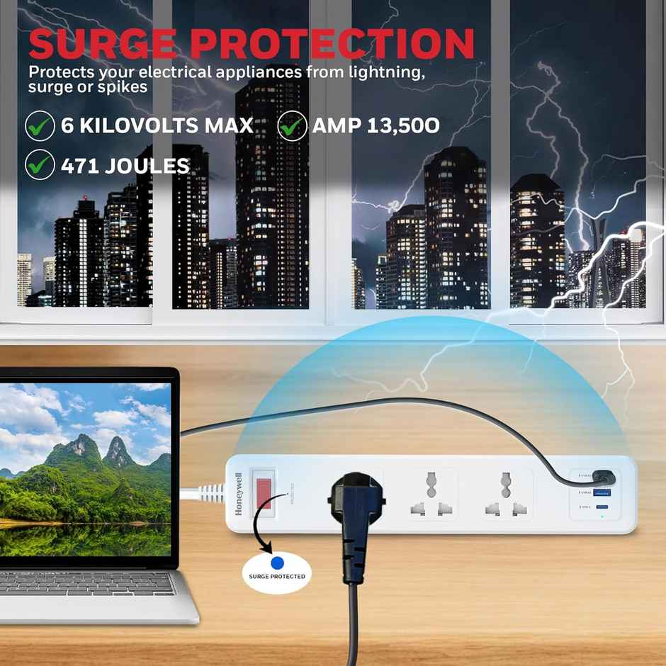 Honeywell 3 Outlet Surge Protector With 1Xtype C With Pd & 2Xusb