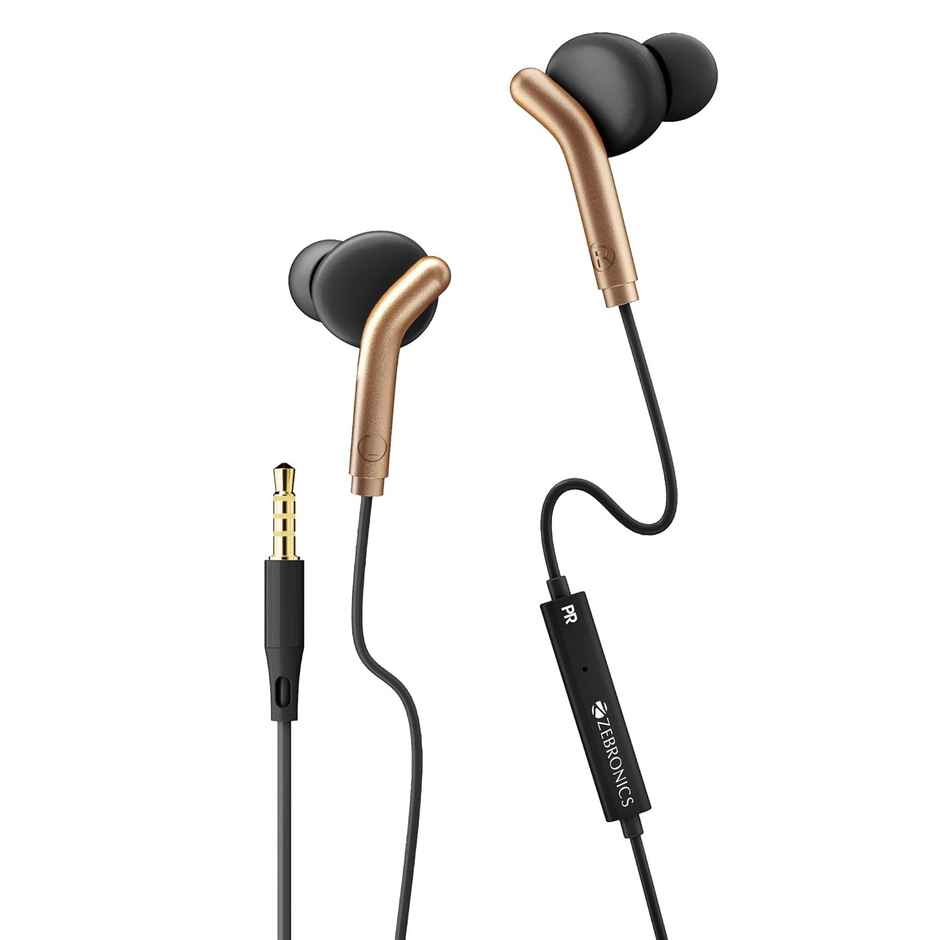 Zebronics Bro in Ear Wired Earphones with Mic, 3.5mm Audio Jack, 10mm Drivers, Phone/Tablet Compatible - Black & Gold