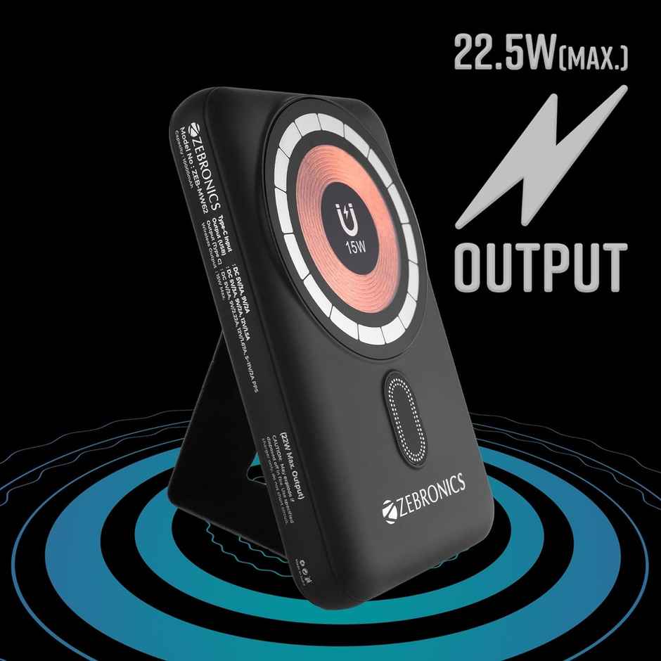 ZEBRONICS MW62 Wireless Power Bank, 10000 mAh, Rapid Charge, Built-in Wireless Charging Pad, Outputs - 22W Wired | 15W Wireless, Type C I/O | USB Output, Built-in Foldable Stand, Made In India - Black