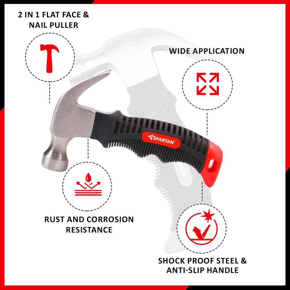 Spartan Mini Claw Hammer | Carbon Steel Head | Stubby Grip Handle | DIY Emergency Use