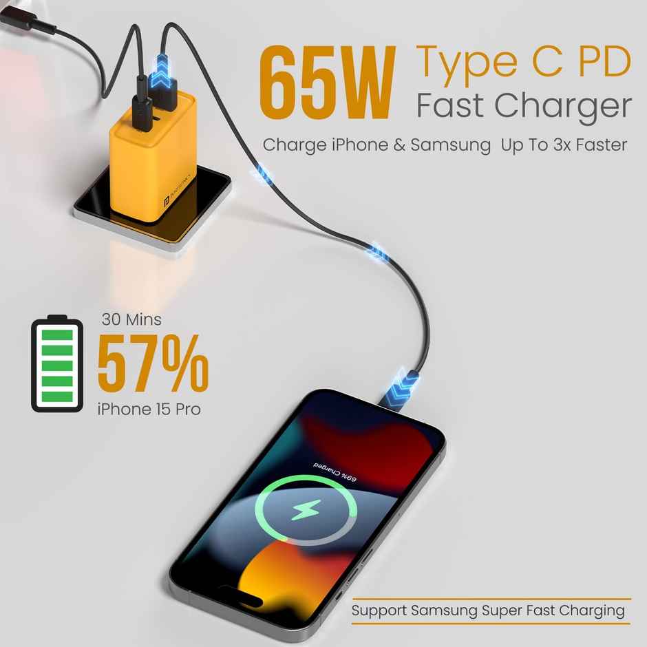 Portronics Adapto 65M 65W Fast Charging Adapter | Yellow