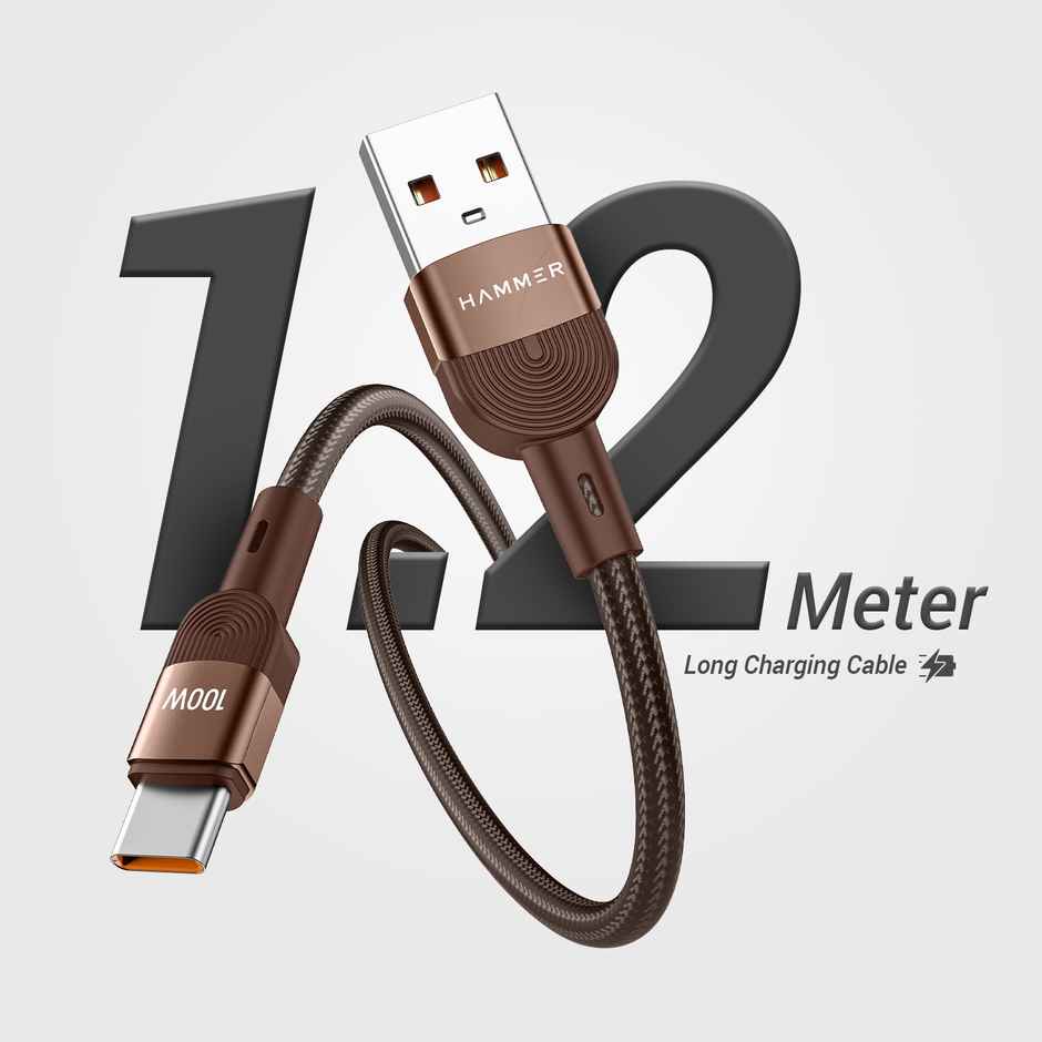 Hammer 100W 5A Fast Charging 1.2M USB to Type C Cable for Onplus smartphones & compatible with all Type C devices - Brown