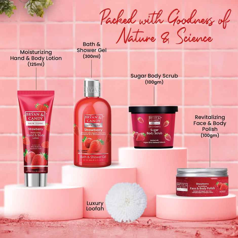 Bryan & Candy Strawberry Bath Tub Kit Gift Set | Complete Home Spa Experience | Pack Of 4