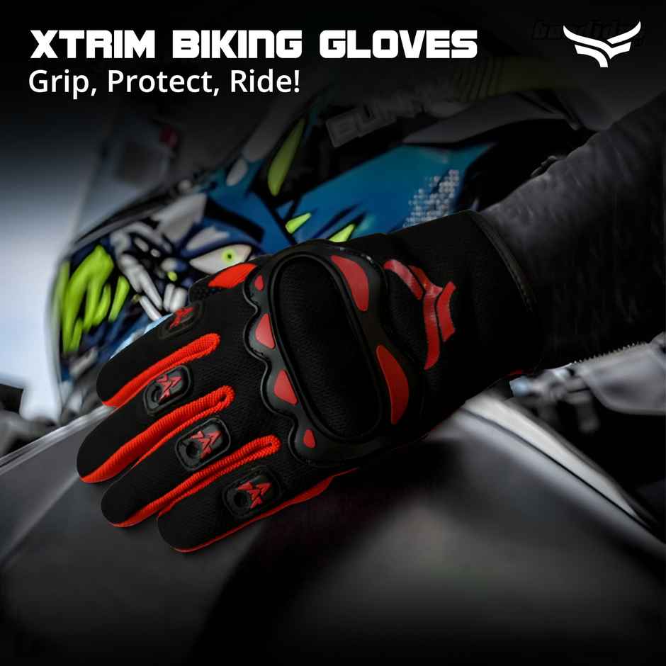Xtrim Biking Gloves For Men | Full-Finger Length Motorcycle Gloves | S | Black-Red