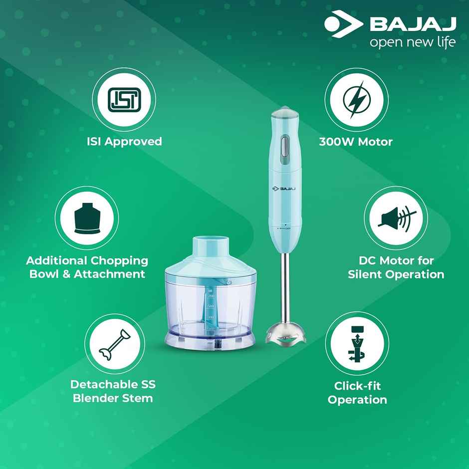 Bajaj Hb 22 Stainless Steel Silent 300W Hand Blender (Light Blue)