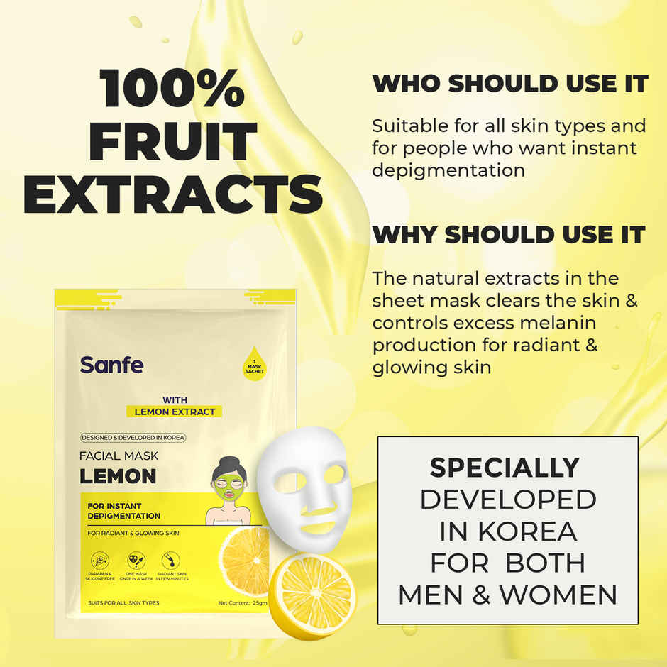 Sanfe Instant Depigmentation Lemon Facial Mask 100% Fruit Extracts, Korean Mask