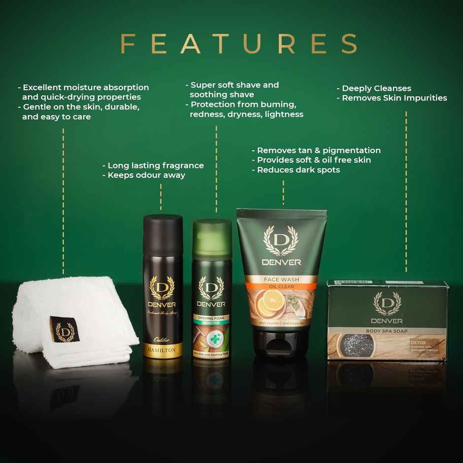 Denver Men's Travel Grooming Kit - Nano Deo | Facewash | Body Spa Soap | Shaving Foam | Towel