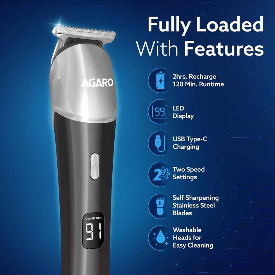Agaro Royal Men's Beard Trimmer, Cordless, 4 Length Setting, Fast Charging, 120 Minutes Usage