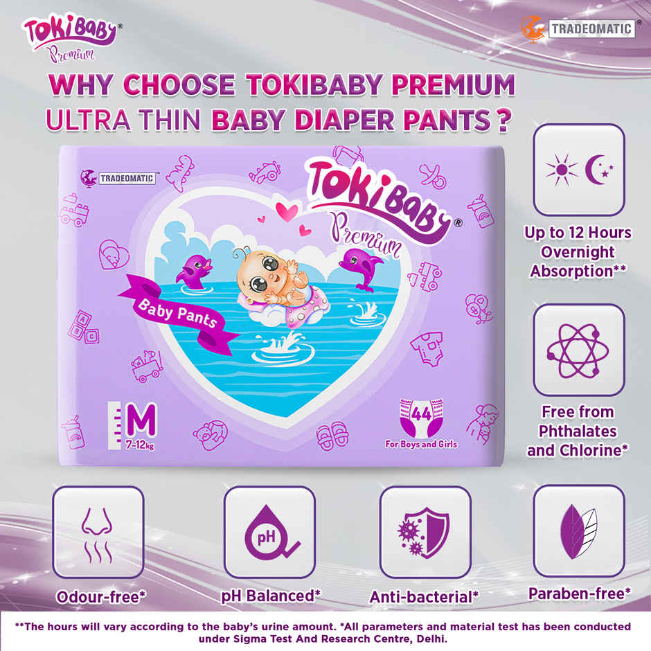 TokiBaby Premium Ultra Thin Pull Up Baby Diaper Pants | Size M | 5 - 12 Months | Pack Of 44