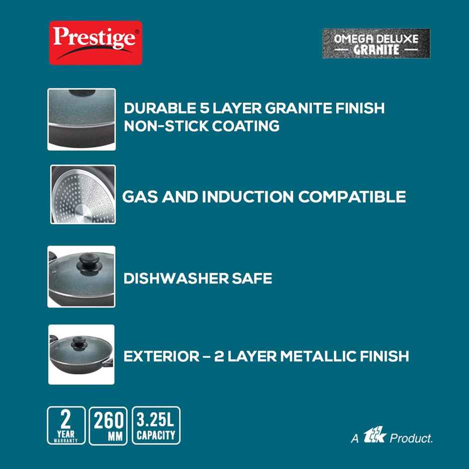 Prestige 26cm | 3.25 Litre Omega Deluxe Granite Non-stick Kadai with Glass Lid | Black