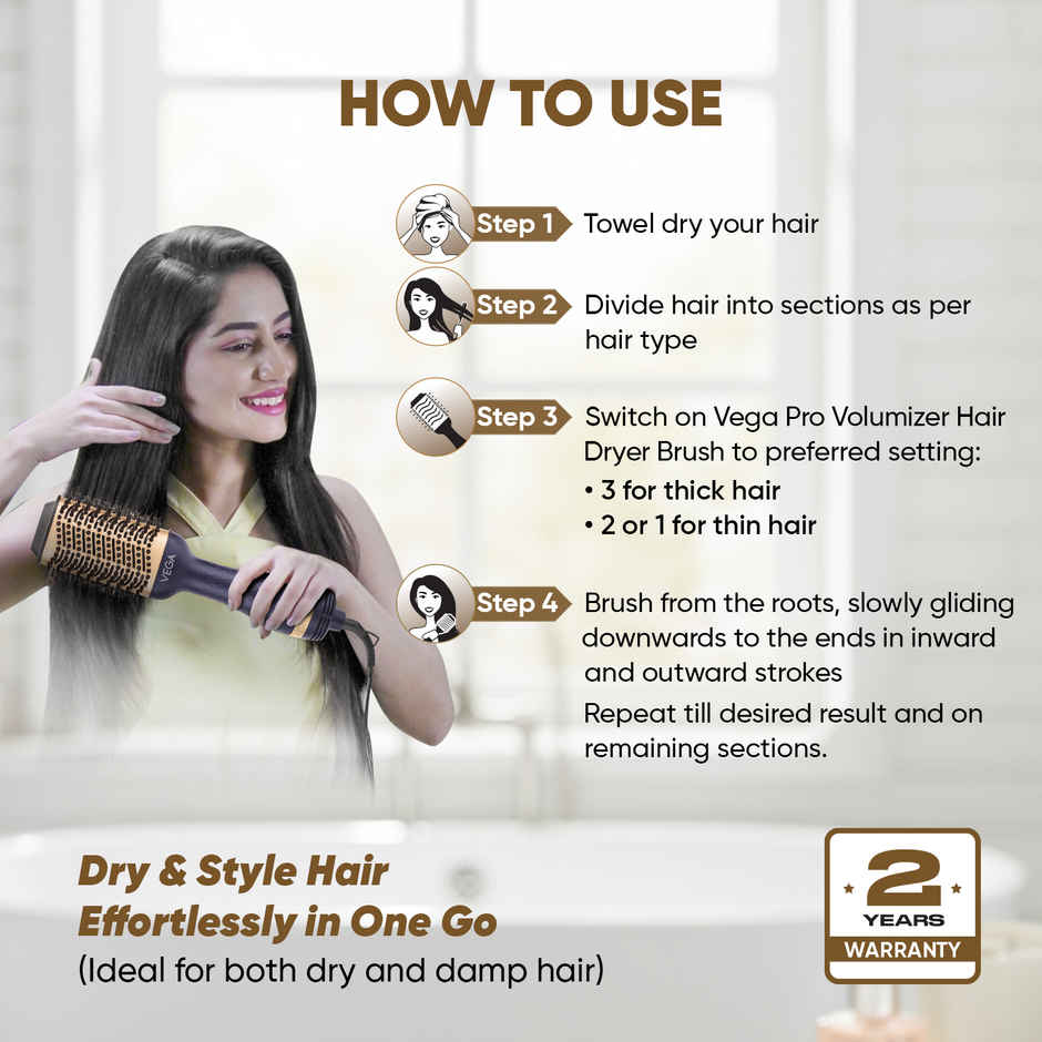 Vega Pro Volumizer Hair Blow Dryer Brush with 3 Heat/2 Speed Settings, (1200W, VHSD-02)