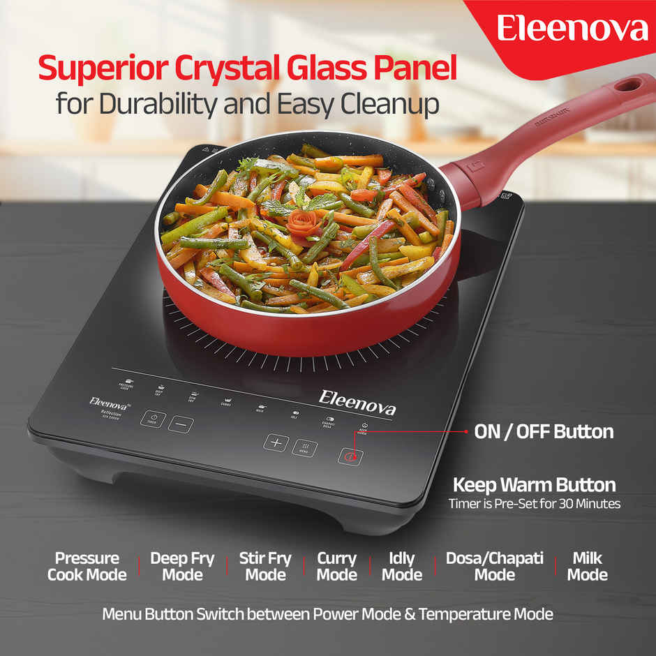Eleenova Reflection 2000 W Induction-BIS-Approved, Crystal Glass, Smart-Sense, Indian Presets