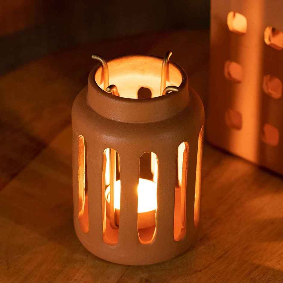 Lupa Terracotta Round Lantern with Metal Handle | Small | Ellementry