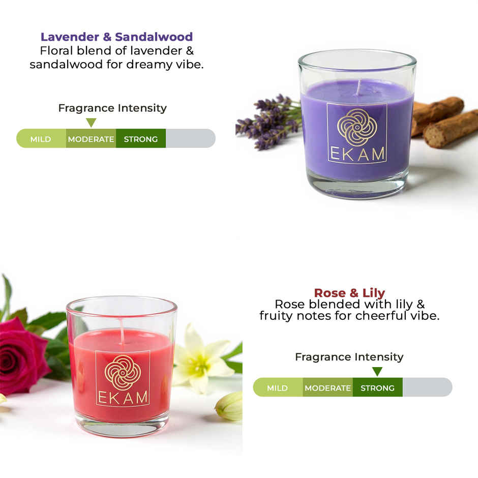EKAM Scented Votive Candles (2 pcs) | Lavender & Sandalwood, Rose & Lily | 43g Each | 10H Burn