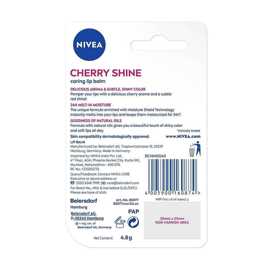 Nivea Cherry Shine Lip Balm (4.8g) & Nivea Deo Roll On Pearl Beauty Underarms 72H Protection (50ml) Combo