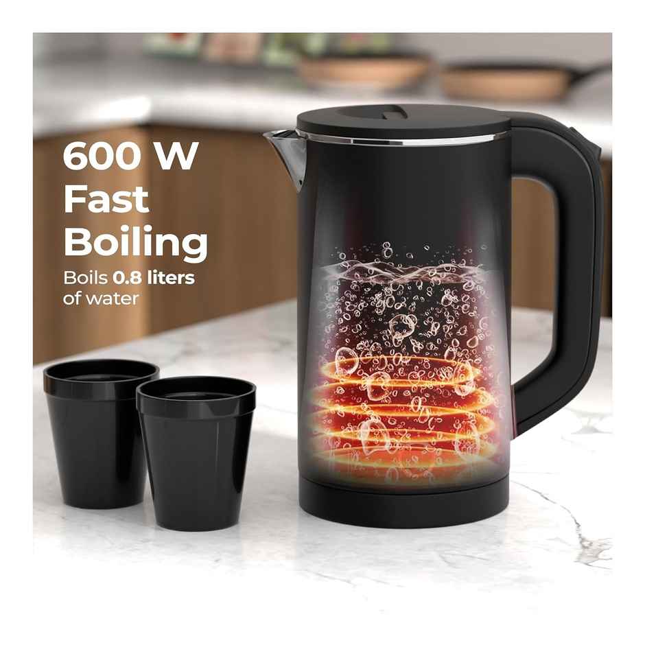 Lifelong Electric Kettle, 600W Cool Touch 2 Cups Auto Shut-Off, Stainless Steel Body |Black - 0.8 L