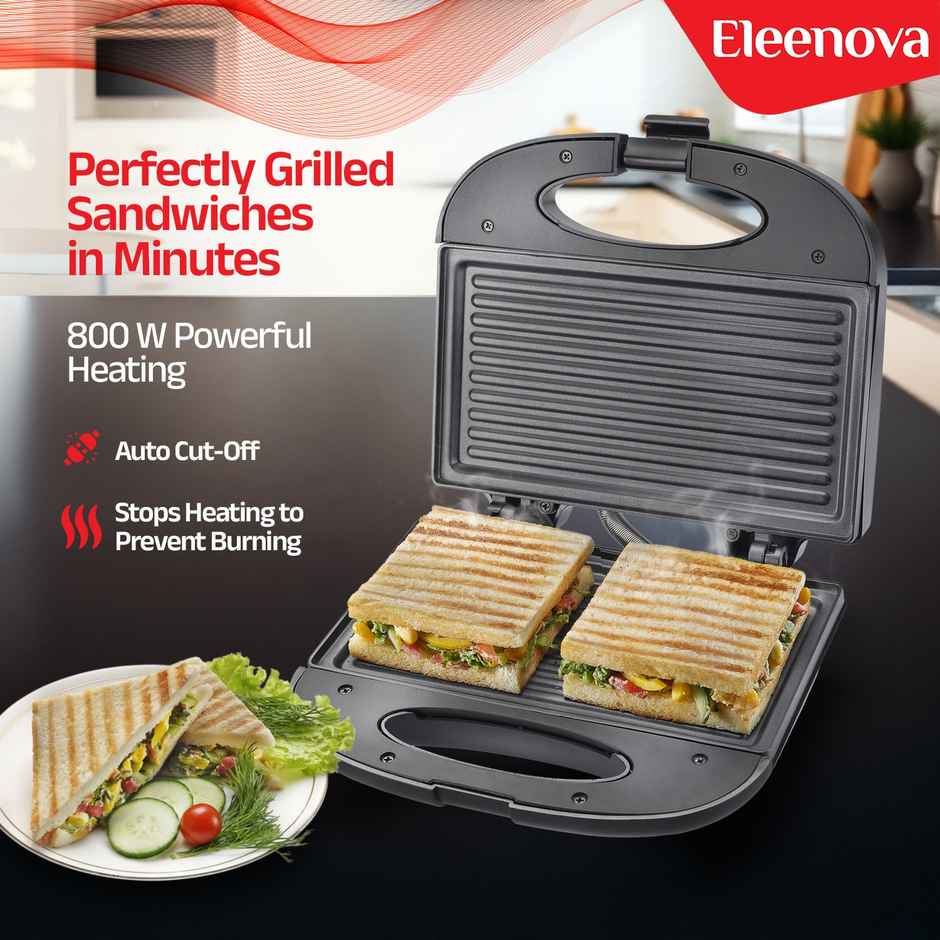 Eleenova Crown 800 W Sandwich Maker-Die-Cast Plates, Non-Stick, Energy-Efficient