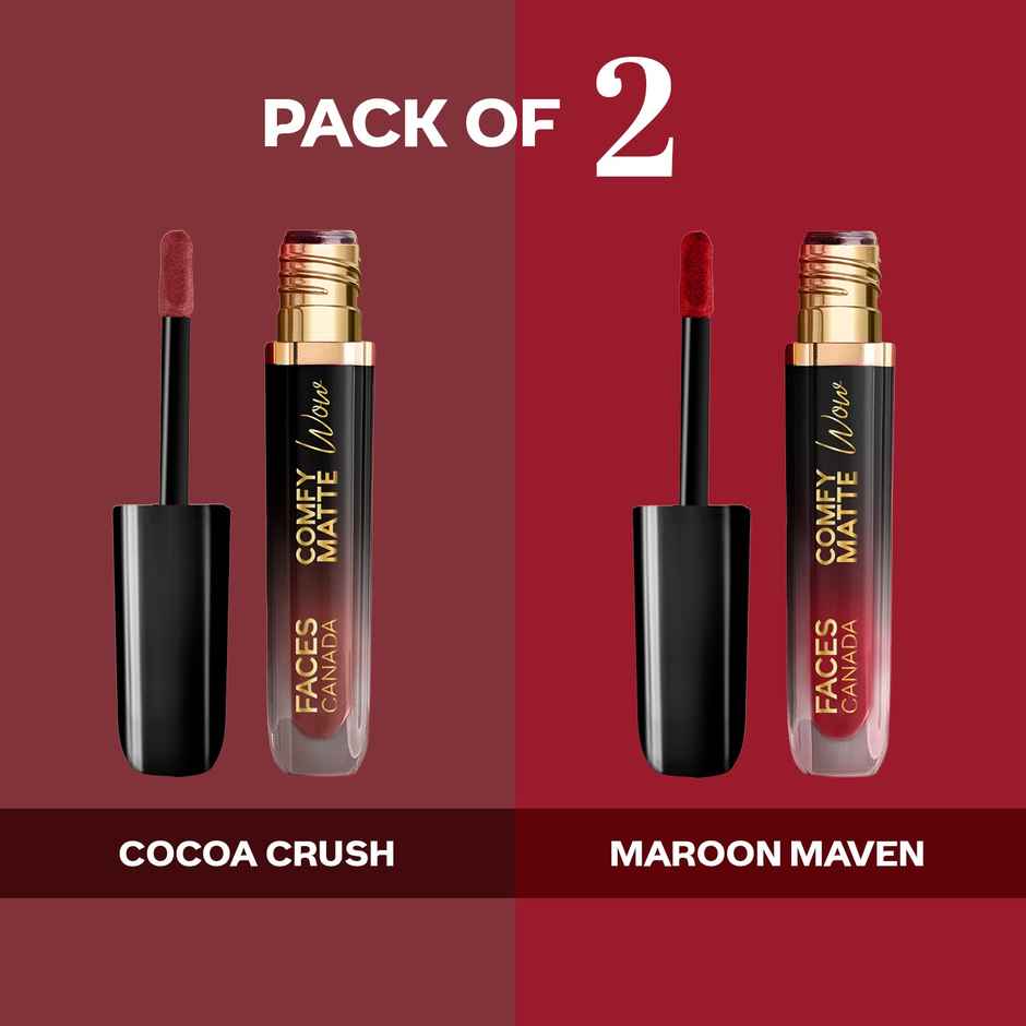 FACES CANADA Comfy Matte Wow Liquid Lipstick - The Bold Edit | Cocoa Crush 07 + Maroon Maven 05