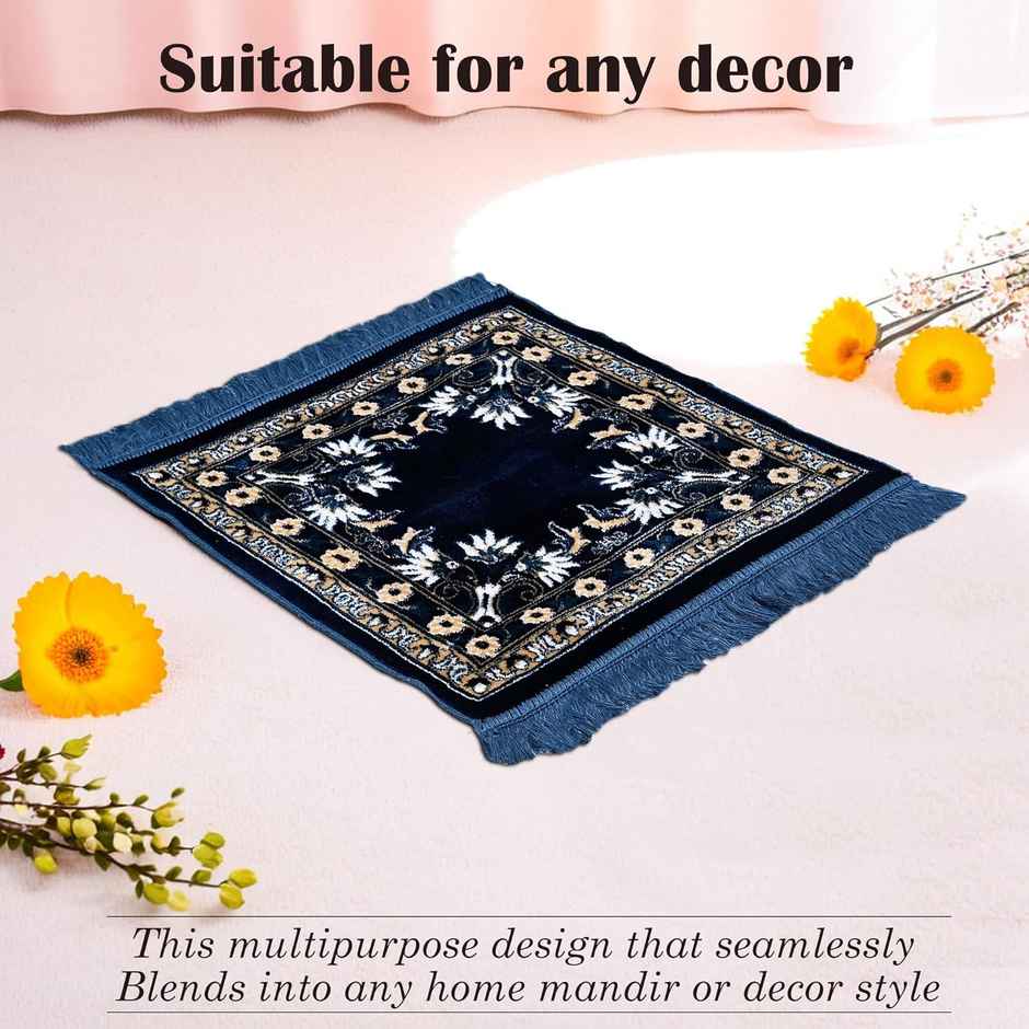 Kuber Industries Velvet Pooja Mat For Sitting On Floor | Floral Print - Navy & Sea Blue