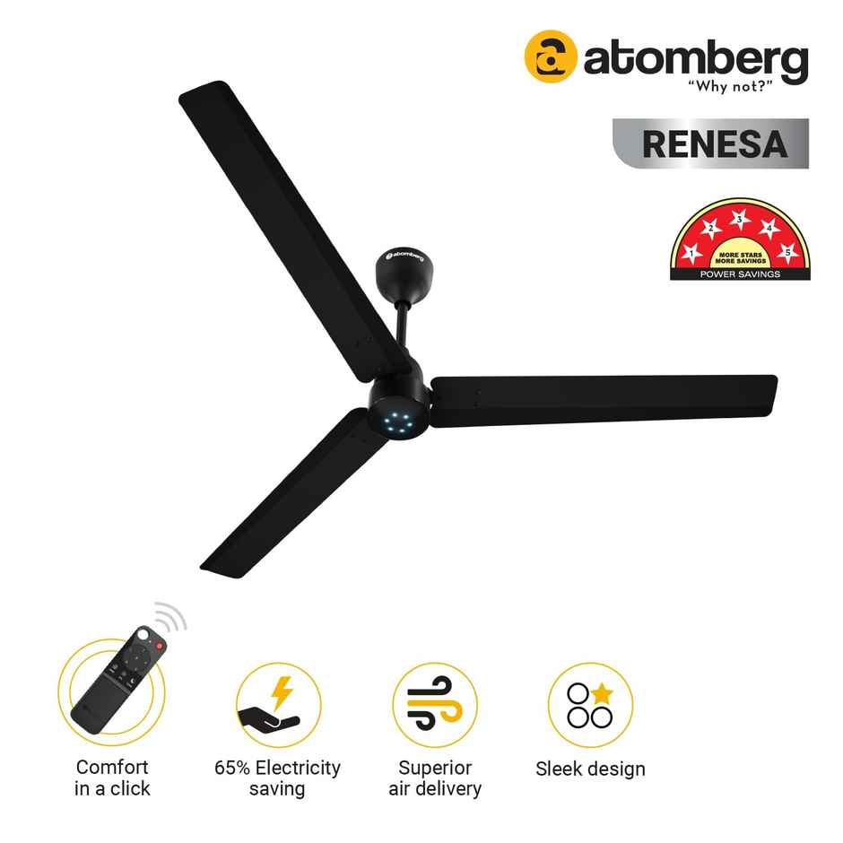 Atomberg Renesa BLDC Ceiling Fan,1400mm,Remote Control,BEE 5 Star,LED Indicators,Midnight Black