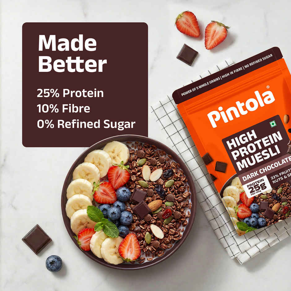 Pintola High Protein Muesli Dark Chocolate & Cranberry, 25 g Protein, High Fibre, Trans Fat Free
