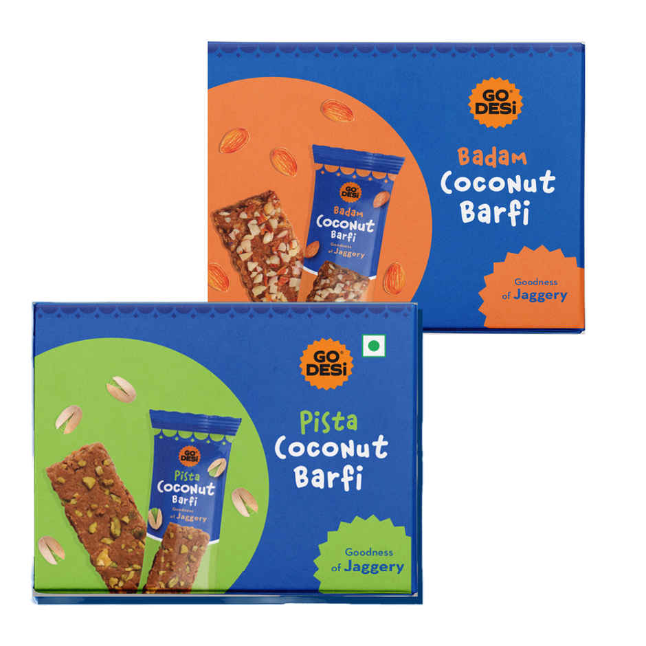 Badam Coconut Barfi, 8 Pcs | Burfi | Sweets | By Go Desi (96g) & Pista Coconut Barfi, 8 Pcs | Burfi | Sweets | By Go Desi (96g) Combo