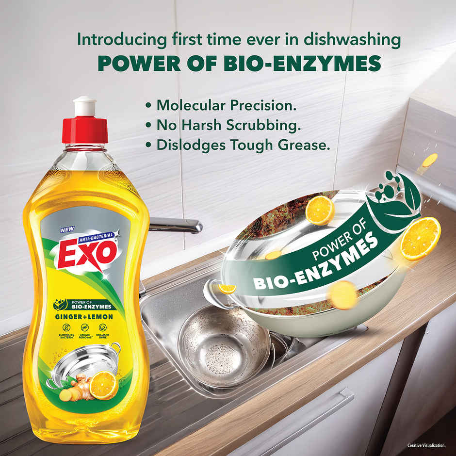 Exo Ginger & Lemon Anti Bacterial Dishwash Liquid | Tough Grease Removal with Power of Bio-Enzymes
