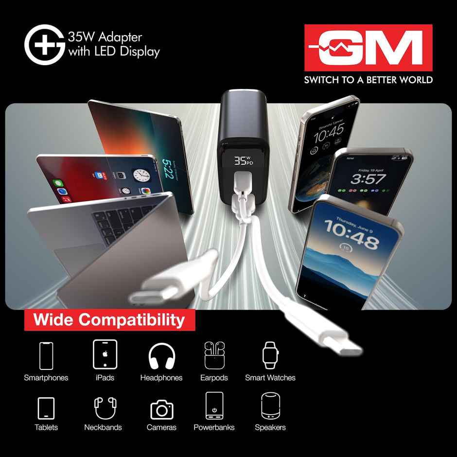 GM G Plus 35W Fast Charger with LED Display | 2 Type-C & 1 Type-A