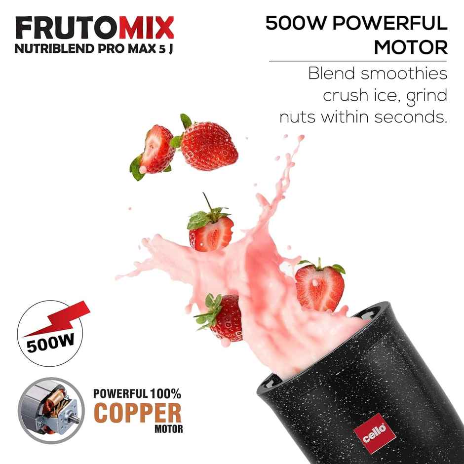 Cello Frutomix Nutriblend Pro Max Set Of 6, Black, 3 Multipurpose Jar & 2 Sipper Bottle, 500W