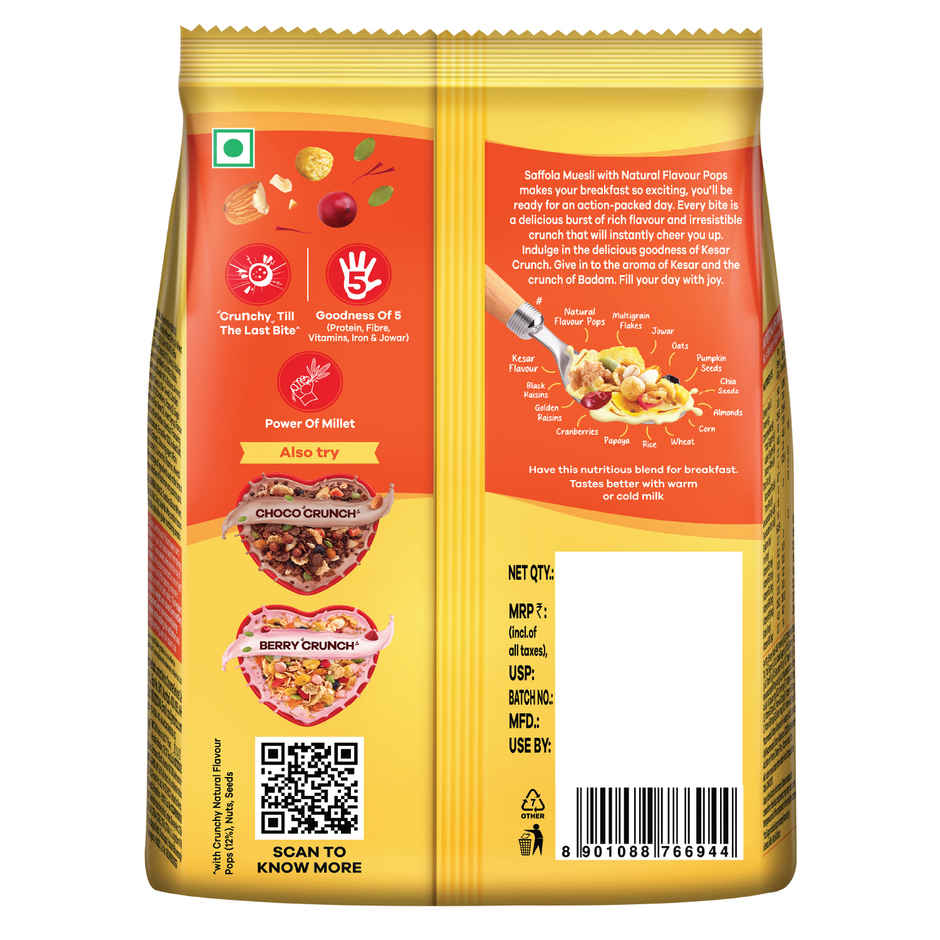 Saffola Muesli Kesar Crunch With Flavour Pops 15 In 1 Fruit And Nuts