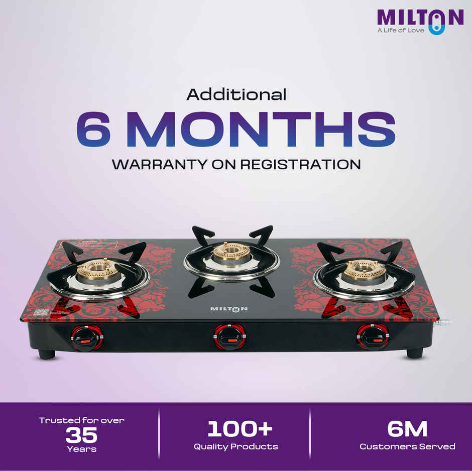 Milton Premium Red Manual Ignition Glass Top Gas Stove | ISI Certified | 3 Burner