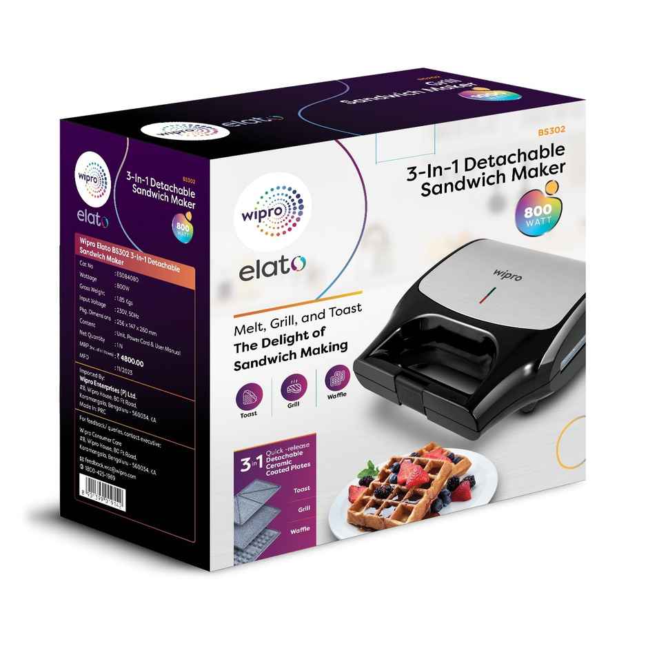 Wipro Elato Bs302 800 Watt 3-In-1 Detachable Sandwich Maker, Black