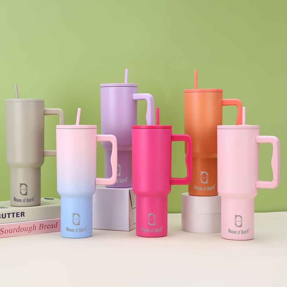 House of Quirk Stainless Steel Tumbler with Handle & Lid, 2 Straws | Terquise - 1200 ml