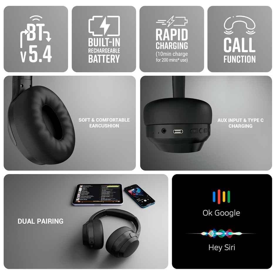 Zebronics Duke Plus BT Headphone, ANC, ENC, Gaming Mode, Dual Pairing, 70H, BT 5.4, AUX (Black)