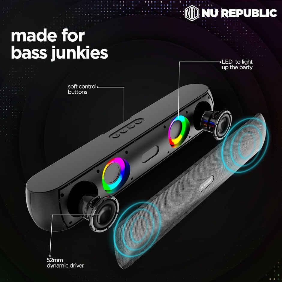 Nu Republic Party Box 160Bluetooth Soundbar,16W Output,10Hrs Playtime,Black